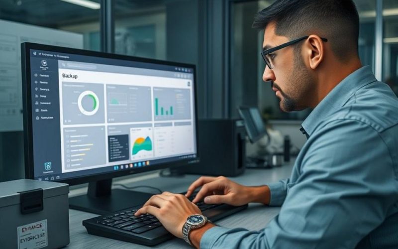 Profissional revisando painel de backup em ambiente seguro, com dispositivos de armazenamento e caixa de evidência.
