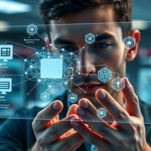 Profissional de cibersegurança analisando um mapa 3D fotorrealista de uma botnet em um SOC moderno.