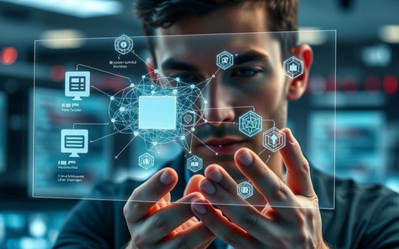 Profissional de cibersegurança analisando um mapa 3D fotorrealista de uma botnet em um SOC moderno.