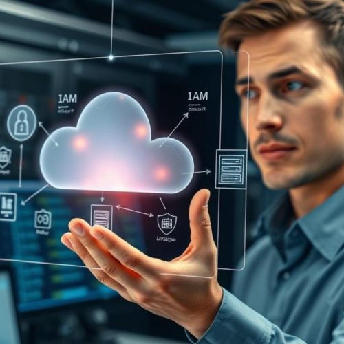 Profissional de segurança interagindo com visualização de arquitetura na nuvem.