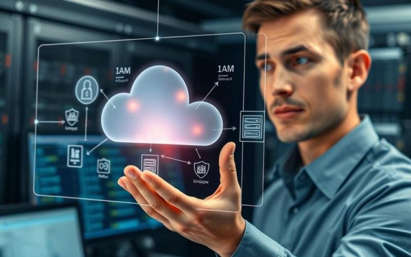 Profissional de segurança interagindo com visualização de arquitetura na nuvem.