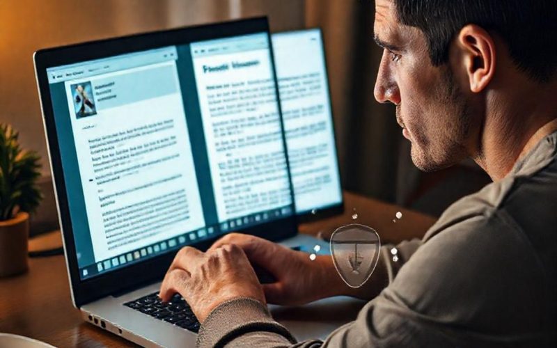 Consumidor avaliando oferta de desconto enquanto verifica implicações de privacidade dos dados.