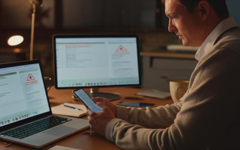 Usuário atento diante de dispositivos digitais, simbolizando vigilância e prevenção contra fraudes online.