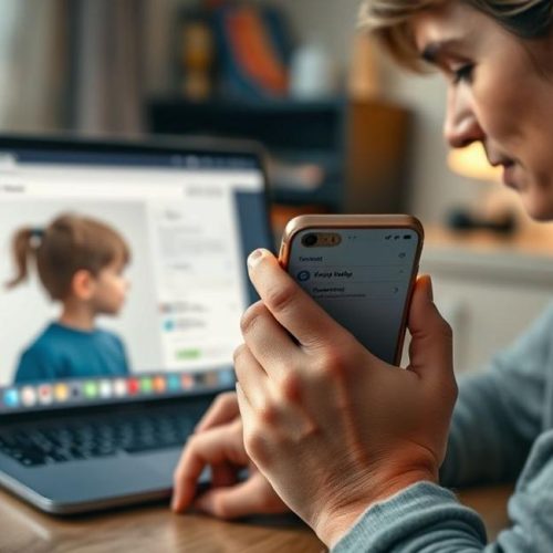 Pais atentos revisando perfis e configurações para proteger a privacidade das crianças na internet.