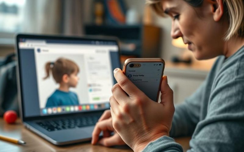 Pais atentos revisando perfis e configurações para proteger a privacidade das crianças na internet.
