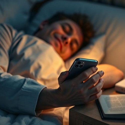 Pessoa prestes a dormir, colocando o smartphone de lado e vestindo um relógio inteligente, simbolizando a decisão de reduzir o uso de tecnologia.