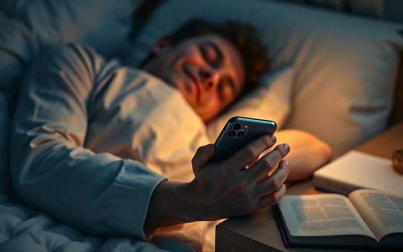 Pessoa prestes a dormir, colocando o smartphone de lado e vestindo um relógio inteligente, simbolizando a decisão de reduzir o uso de tecnologia.