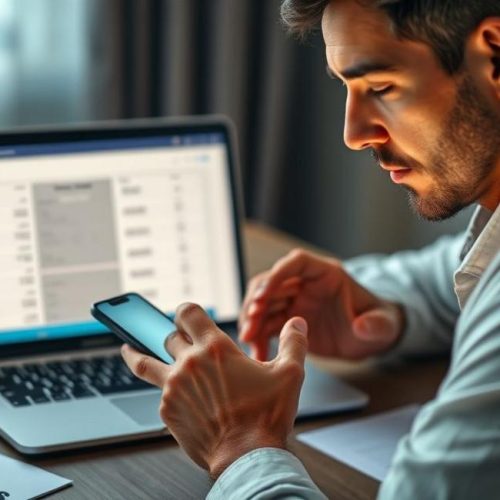 Pessoa conferindo limites e extratos no smartphone com laptop ao fundo, simbolizando segurança financeira.