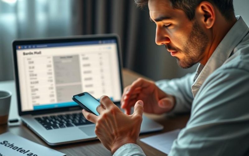 Pessoa conferindo limites e extratos no smartphone com laptop ao fundo, simbolizando segurança financeira.