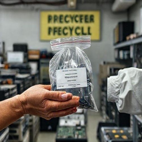 Centro de reciclagem organizado recebendo equipamentos eletrônicos com documentação e embalagens de evidência.
