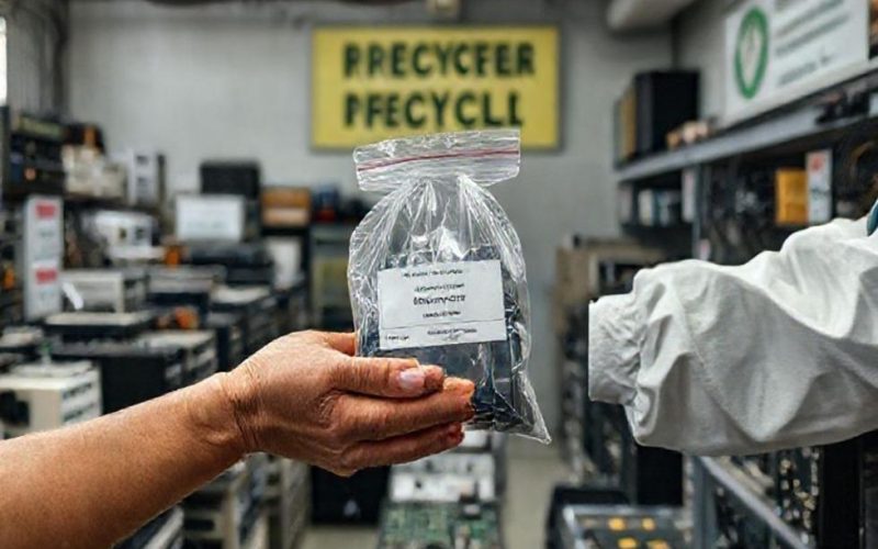 Centro de reciclagem organizado recebendo equipamentos eletrônicos com documentação e embalagens de evidência.