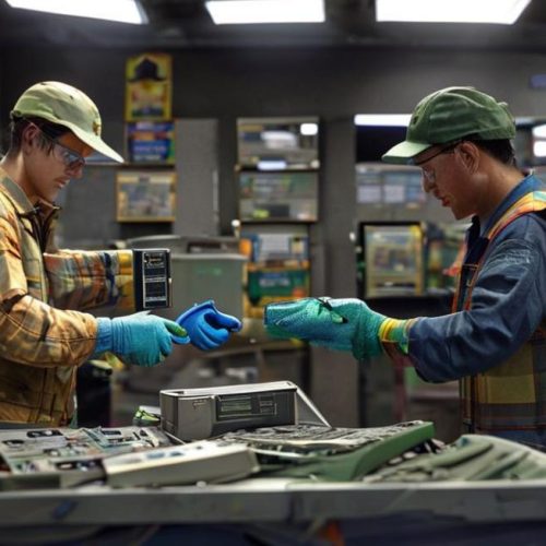 Entrega responsável de dispositivos eletrônicos em centro de reciclagem certificado, ilustrando preservação e descarte seguro.