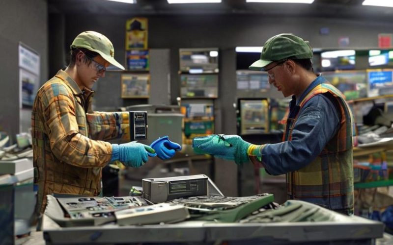 Entrega responsável de dispositivos eletrônicos em centro de reciclagem certificado, ilustrando preservação e descarte seguro.