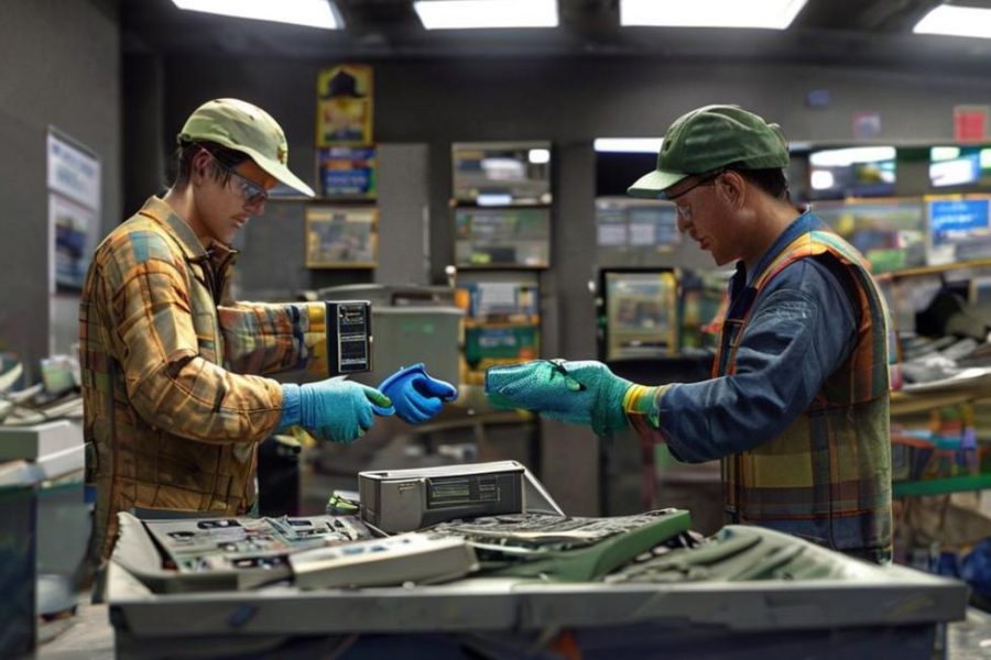 Entrega responsável de dispositivos eletrônicos em centro de reciclagem certificado, ilustrando preservação e descarte seguro.