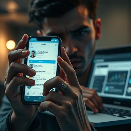 Capa mostrando interação entre usuário preocupado e análise forense de um perfil falso.