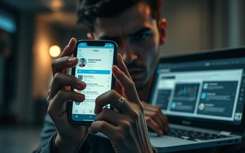 Capa mostrando interação entre usuário preocupado e análise forense de um perfil falso.