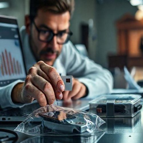 Perito forense digital trabalhando evidências com cenário que conecta laboratório e tribunal.