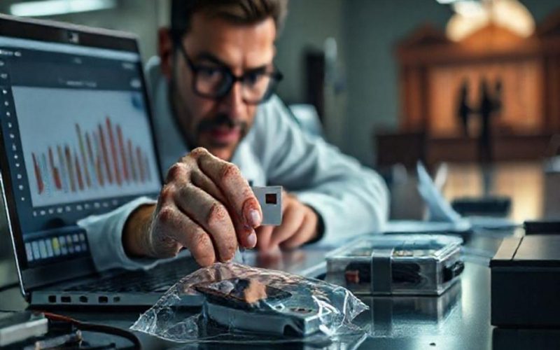 Perito forense digital trabalhando evidências com cenário que conecta laboratório e tribunal.