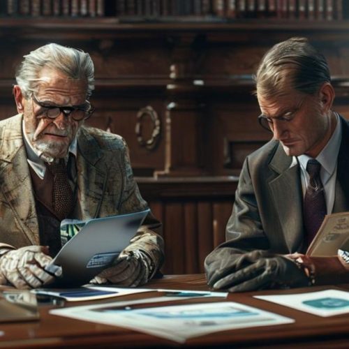 Perito e advogado analisando evidências digitais e documentação de cadeia de custódia em ambiente de audiência.