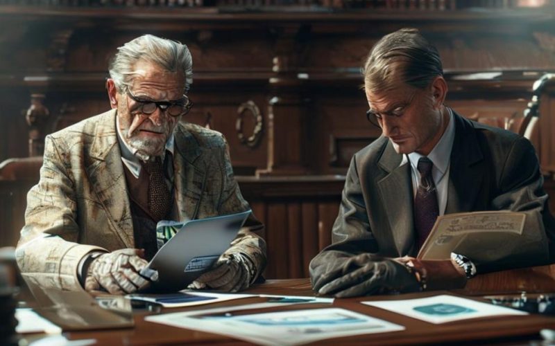 Perito e advogado analisando evidências digitais e documentação de cadeia de custódia em ambiente de audiência.