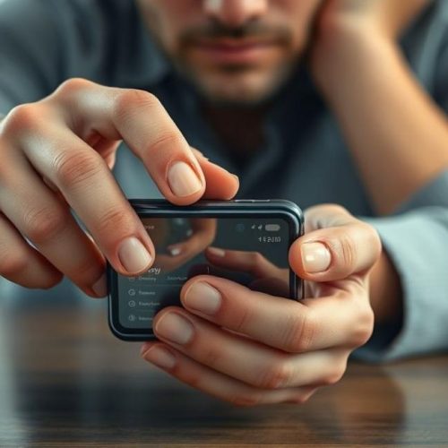 Ilustração fotorrealista de um momento de empréstimo de celular, enfatizando privacidade e risco.