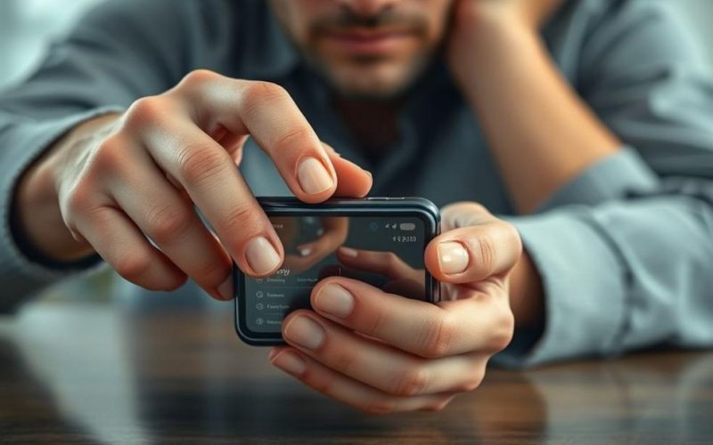 Ilustração fotorrealista de um momento de empréstimo de celular, enfatizando privacidade e risco.