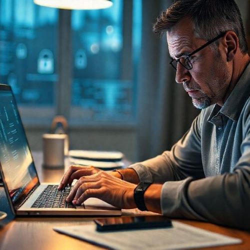 Usuário preocupado verificando segurança dos seus dados pessoais em dispositivo doméstico.