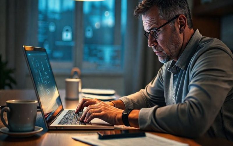 Usuário preocupado verificando segurança dos seus dados pessoais em dispositivo doméstico.