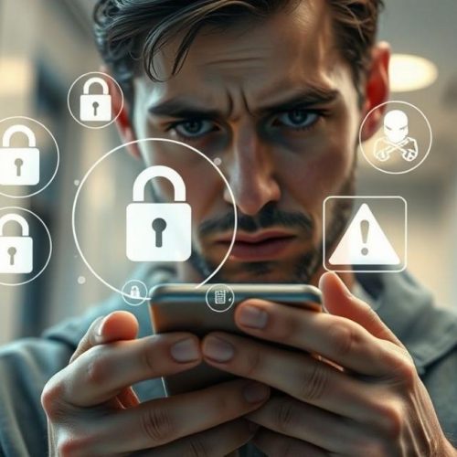Usuário de smartphone observando ícones que representam segurança de dados e alertas de cibersegurança.