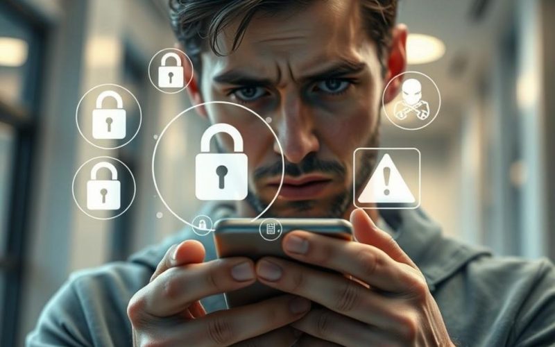 Usuário de smartphone observando ícones que representam segurança de dados e alertas de cibersegurança.