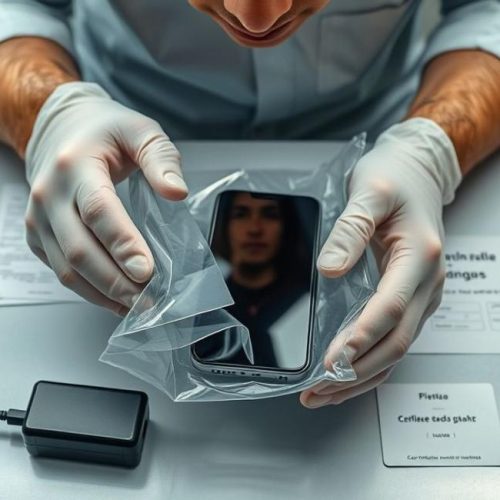 Usuário preservando celular em bolsa de evidência com equipamento forense.