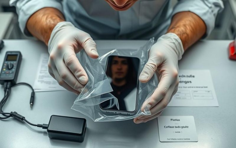 Usuário preservando celular em bolsa de evidência com equipamento forense.