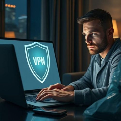 Usuário em ambiente doméstico usando VPN enquanto documentos de evidência são preservados.