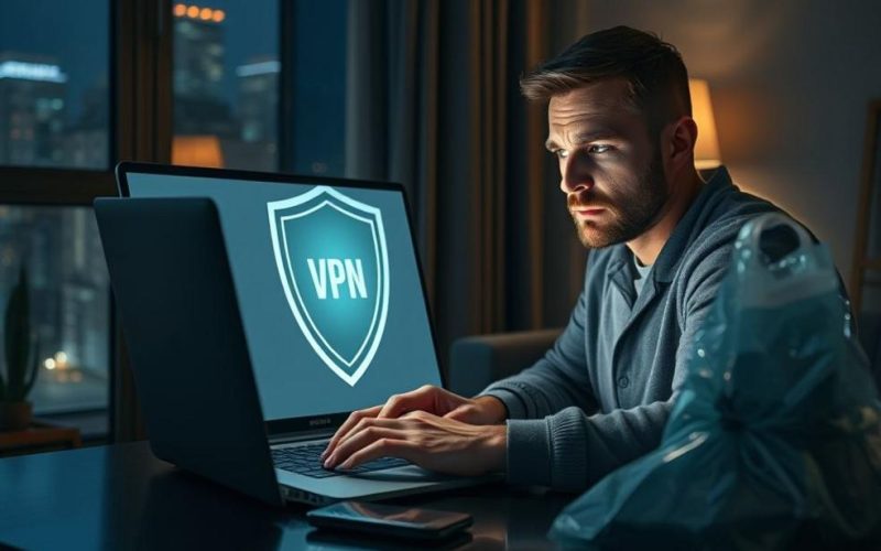 Usuário em ambiente doméstico usando VPN enquanto documentos de evidência são preservados.