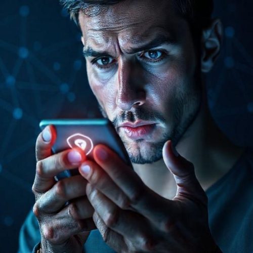 Usuário preocupado com privacidade segurando smartphone enquanto a rede virtual é analisada.