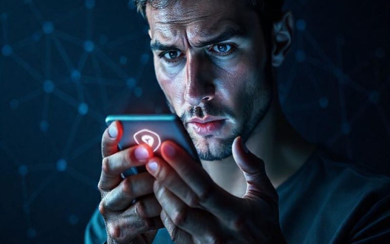 Usuário preocupado com privacidade segurando smartphone enquanto a rede virtual é analisada.