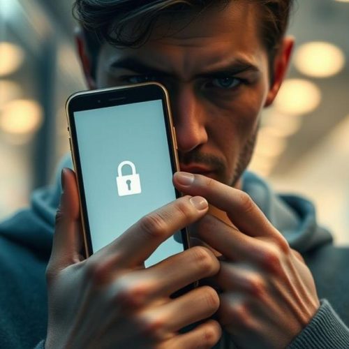 Usuário de smartphone segurando aparelho bloqueado, simbolizando privacidade e segurança de dados.