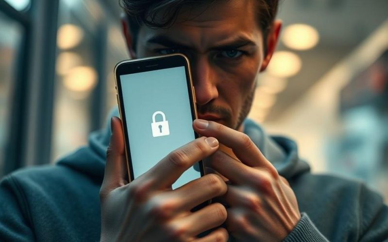 Usuário de smartphone segurando aparelho bloqueado, simbolizando privacidade e segurança de dados.