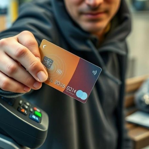 Imagem de destaque mostrando uso de cartão por aproximação com elementos de segurança e perícia.