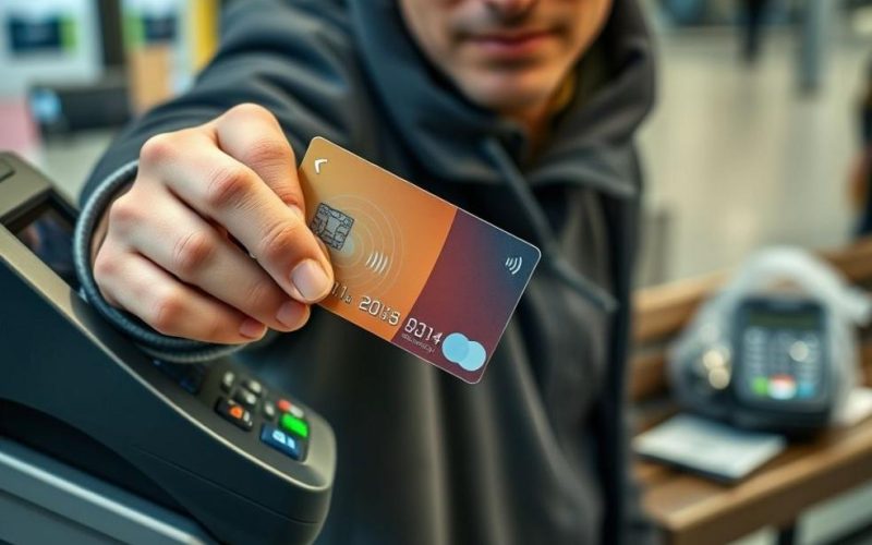 Imagem de destaque mostrando uso de cartão por aproximação com elementos de segurança e perícia.