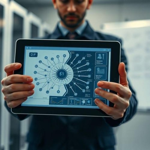 Imagem de capa mostrando um perito com tablet e infraestrutura de TI ao fundo, simbolizando a aplicação de IA na perícia digital.