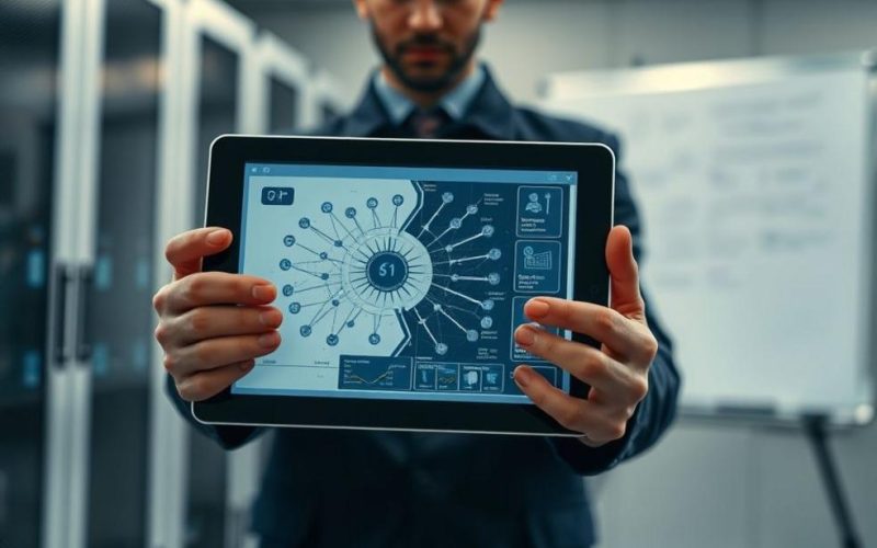 Imagem de capa mostrando um perito com tablet e infraestrutura de TI ao fundo, simbolizando a aplicação de IA na perícia digital.