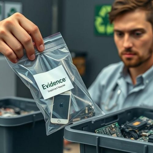 Coleta responsável de lixo eletrônico com preservação de evidências e preparo para reciclagem certificada.