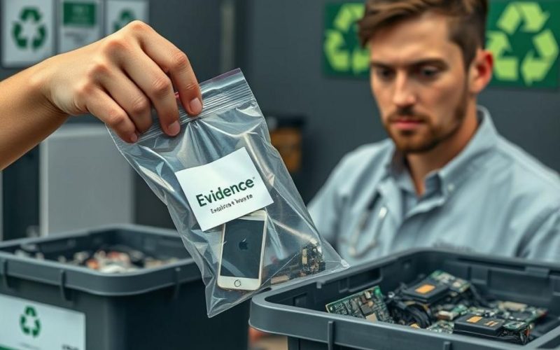Coleta responsável de lixo eletrônico com preservação de evidências e preparo para reciclagem certificada.