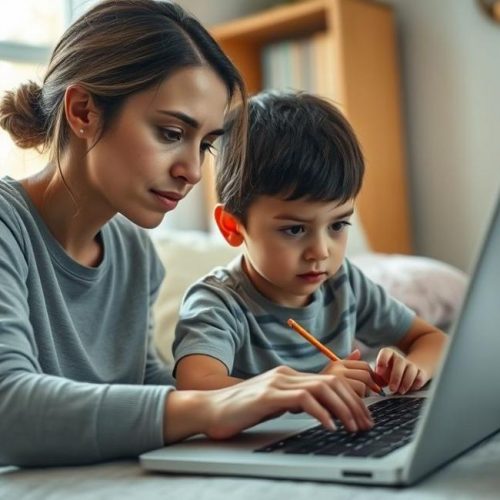 Pai ou mãe usando laptop enquanto criança está por perto, simbolizando cuidado e atenção à mediação parental.