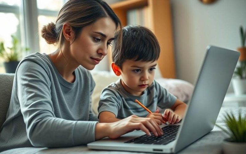 Pai ou mãe usando laptop enquanto criança está por perto, simbolizando cuidado e atenção à mediação parental.