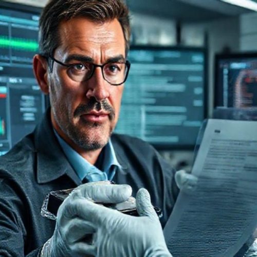 Workspace forense com monitores mostrando timelines de metadados e um disco rígido selado.