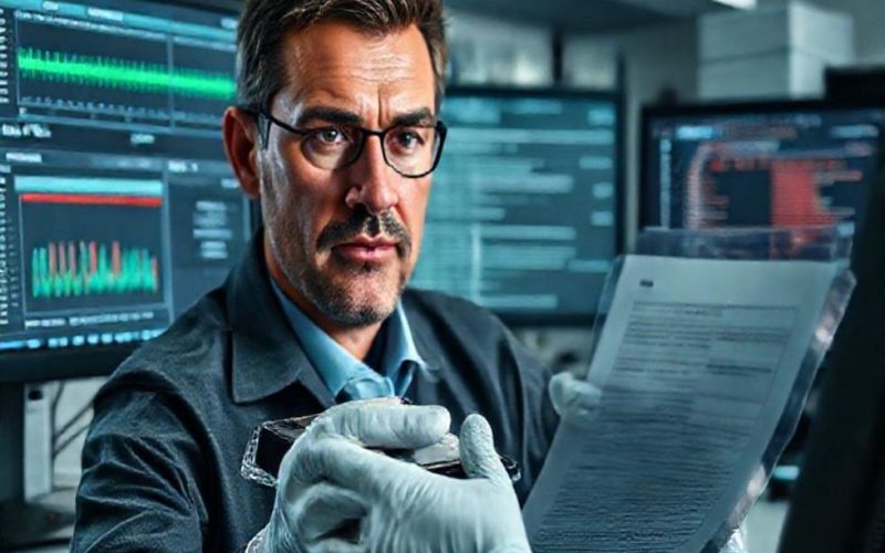 Workspace forense com monitores mostrando timelines de metadados e um disco rígido selado.