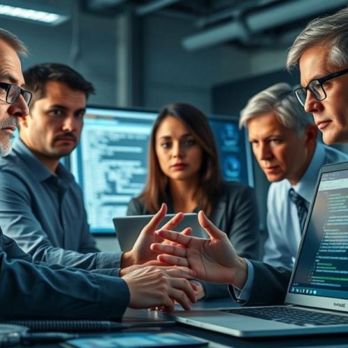 Equipe técnica e perito em um laboratório analisando evidências digitais para garantir segurança e validade probatória.