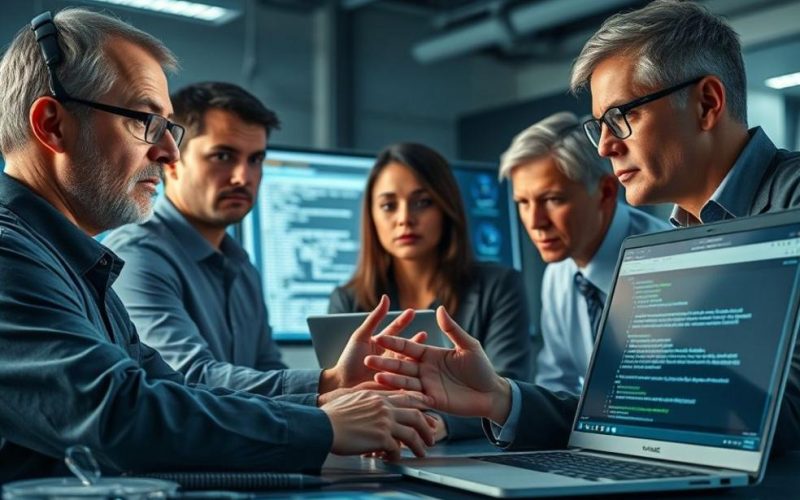 Equipe técnica e perito em um laboratório analisando evidências digitais para garantir segurança e validade probatória.